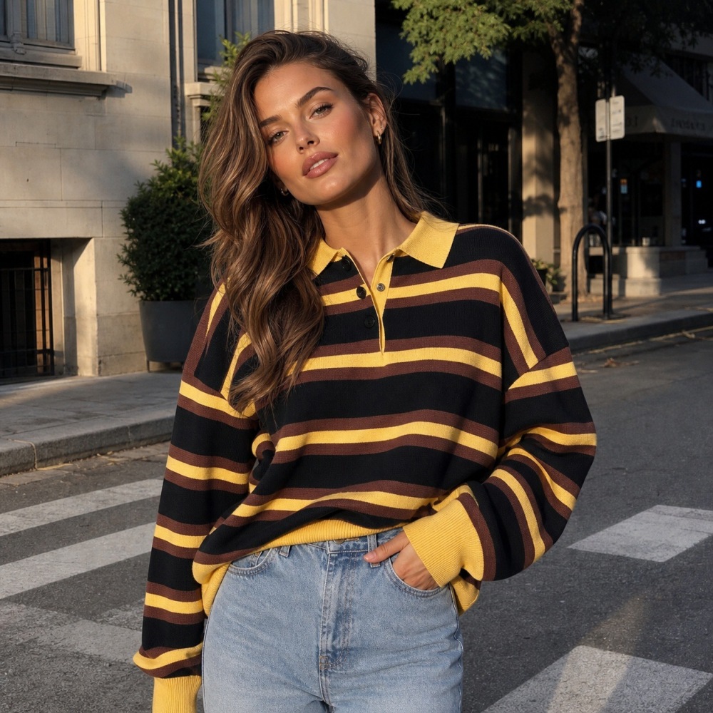Pulls Polo En Maille À Rayures Rétro, Coupe Ample Et Polyvalents, À Boutons, Pour Tous Les Jours