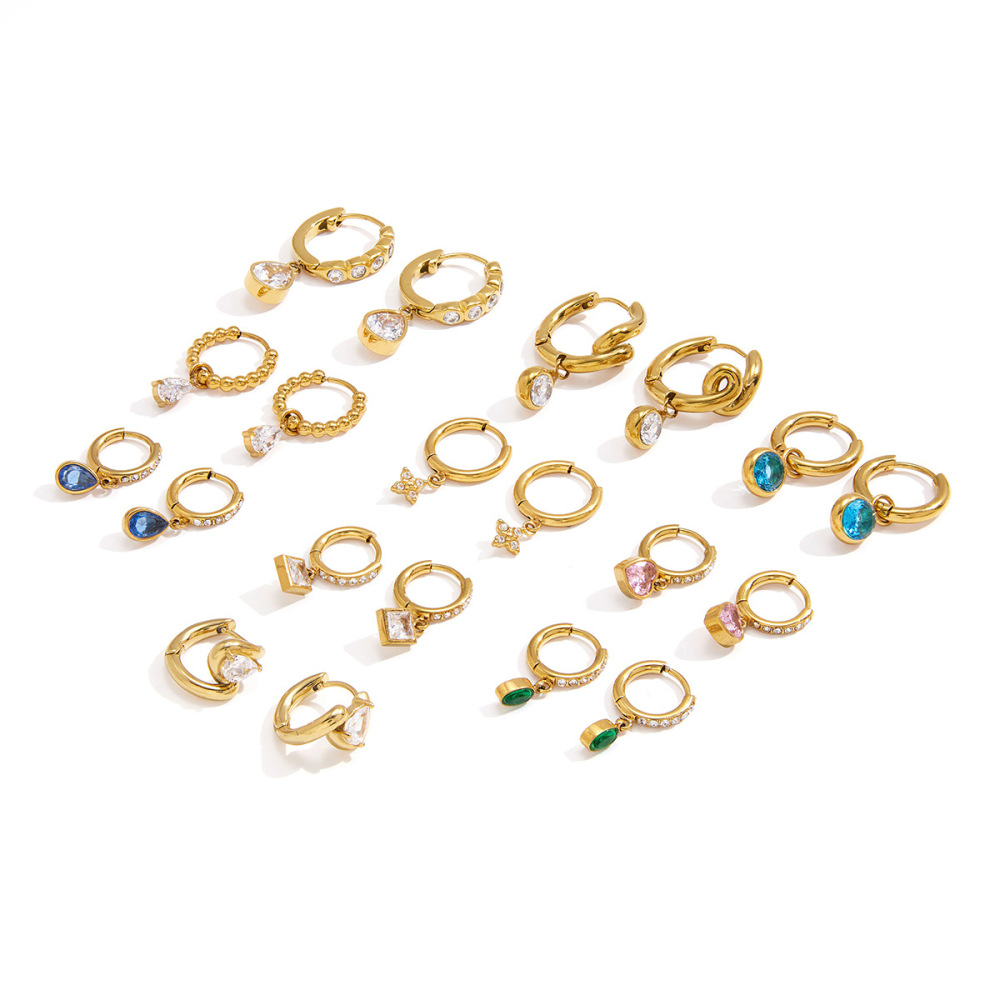 Boucles D'Oreilles Pendantes Pour Femme, Élégantes, En Forme De Cœur Et De Trèfle, En Acier Inoxydable Étanche, Couleur Or Et Zircon. Collection Simple. h5Image5
