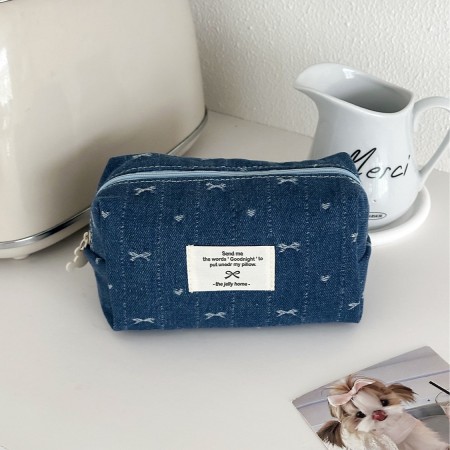 Trousses à maquillage pour femmes en denim avec nœud papillon