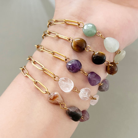 Chaîne à perles rétro de forme irrégulière, en acier inoxydable étanche, couleur or, avec pierres naturelles, pour femme.