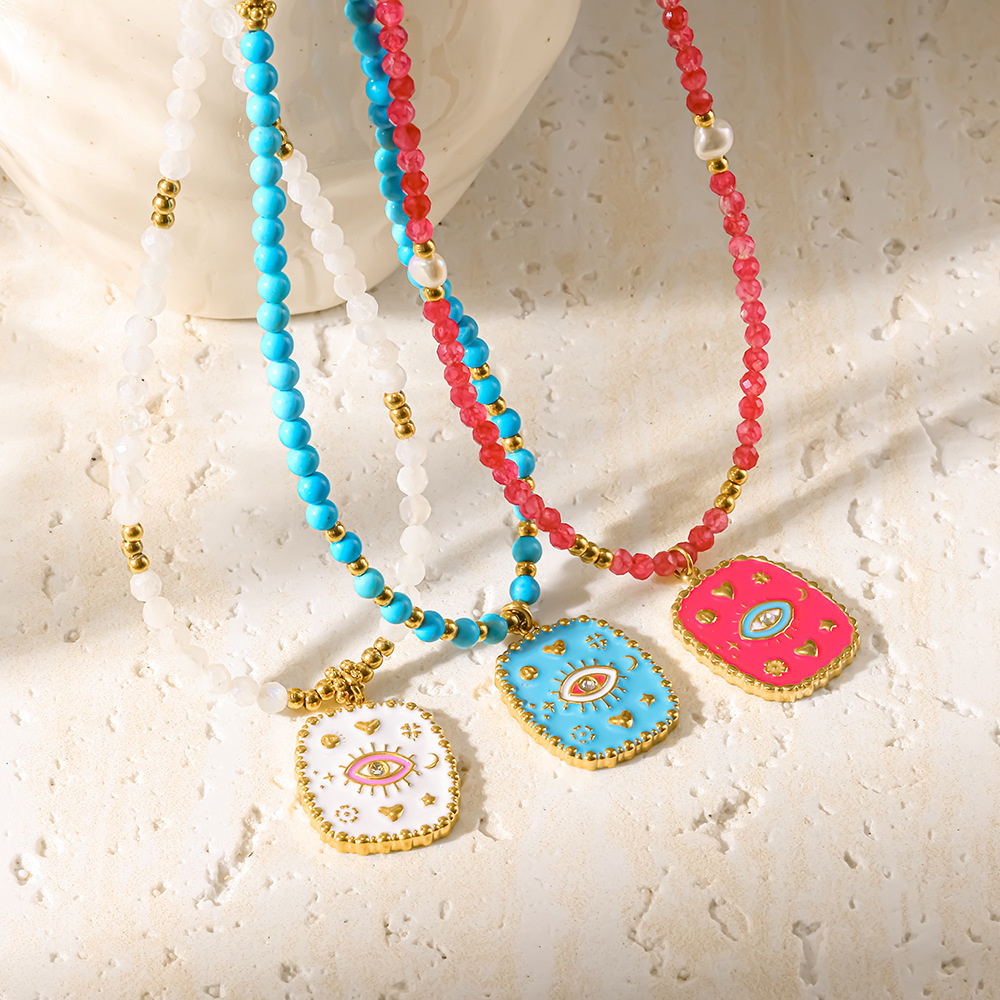 Colliers De Perles Pour Femmes, Style Bohème, Forme Géométrique Œil De Diable, En Acier Inoxydable Étanche Couleur Or Image2