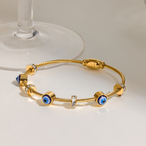 Bracelet Jonc Pour Femme Simple Series Retro Devil'S Eye, Forme Géométrique, Acier Inoxydable, Couleur Or, Zircon, Étanche h5 Image3