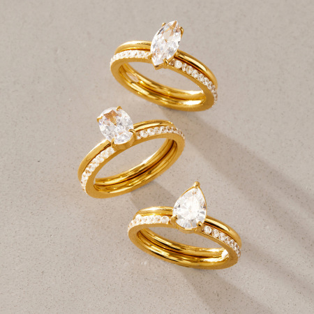 Bagues pour femmes luxueuses en acier inoxydable de forme elliptique, étanches, couleur or, ornées de strass et de zircon.