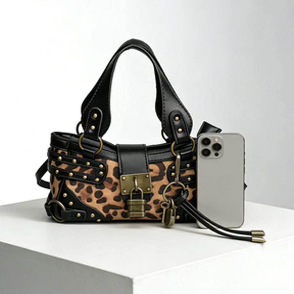 Sacs À Main Carrés Pour Femmes En Pu, Style Streetwear, Avec Quincaillerie Métallique, Patchwork Imprimé Clouté Et Imprimé Léopard, Fermoir À Rivets. Image3