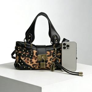 Sacs À Main Carrés Pour Femmes En Pu, Style Streetwear, Avec Quincaillerie Métallique, Patchwork Imprimé Clouté Et Imprimé Léopard, Fermoir À Rivets. h5 Image3