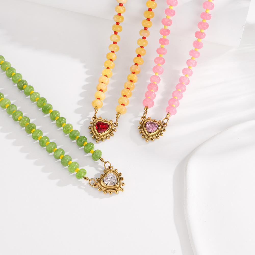 Colliers De Perles Pour Femmes, Collection Simple Series Daily Heart Beads, En Acier Inoxydable, Étanches, Couleur Or, Avec Pierres Naturelles. Image3