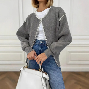Pull Élégant Uni À Col Rond Droit Orné De Perles Et Cardigan En Maille h5 Image4