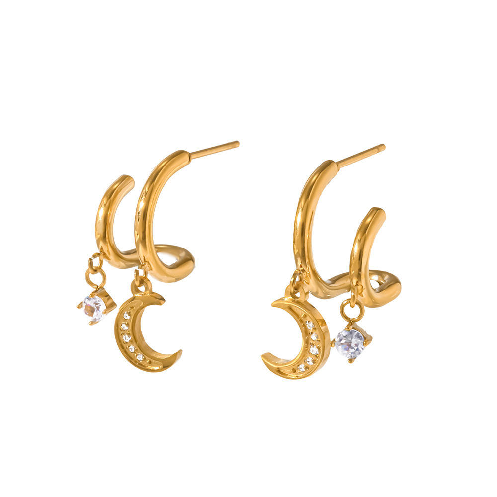 Boucles D'Oreilles Puces Pour Femmes, Collection Romantic Series Daily Lines Moon, En Acier Inoxydable, Couleur Or, Étanches, Avec Zircon. Image4