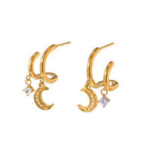 Boucles D'Oreilles Puces Pour Femmes, Collection Romantic Series Daily Lines Moon, En Acier Inoxydable, Couleur Or, Étanches, Avec Zircon. h5 Image4