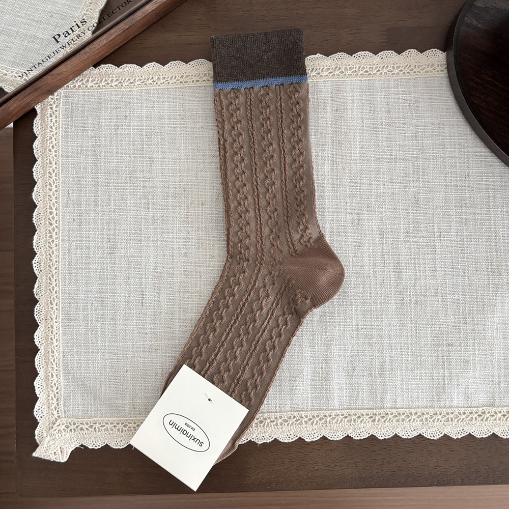 Chaussettes Mi-Mollet Pour Femmes, Légèrement Rebondissantes, À Rayures Rétro Et Pois, Couleurs Contrastées 