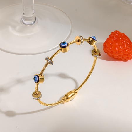 Bracelet Jonc Pour Femme Simple Series Retro Devil'S Eye, Forme Géométrique, Acier Inoxydable, Couleur Or, Zircon, Étanche