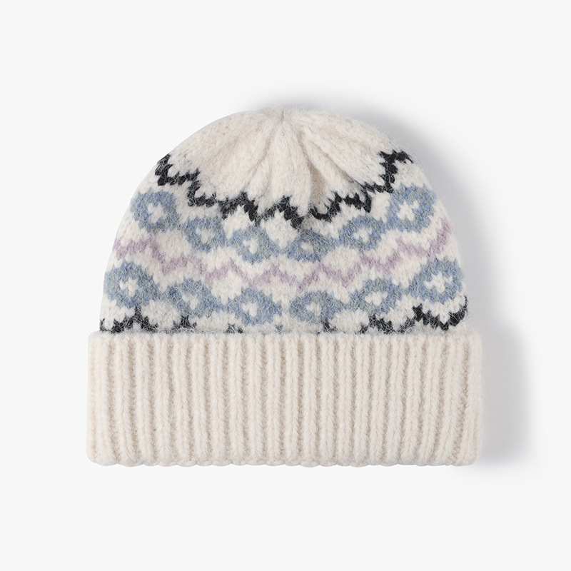 Bonnet Tricoté Pour Femme, Style Rétro, Multicolore, À Motif Géométrique, En Laine Et Polyester Mélangés.