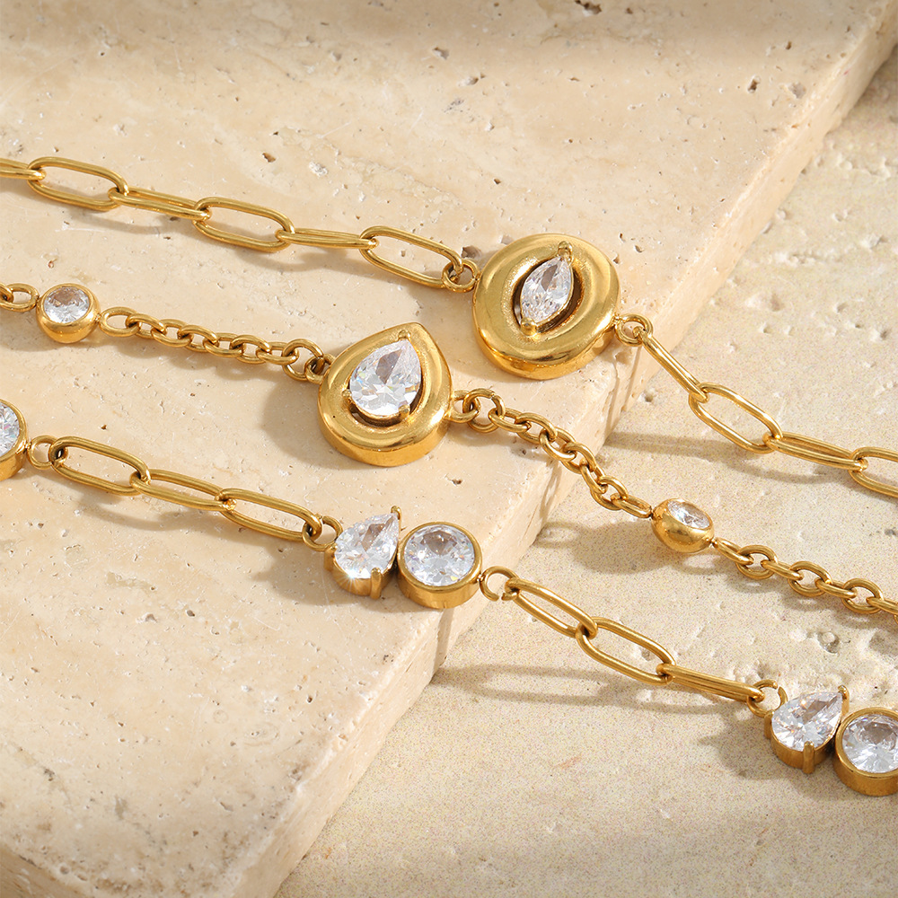 Bracelet Chaîne Élégante En Acier Inoxydable Doré Avec Zircon, Collection Luxueuse Series Elegant Droplet Chain. Image2