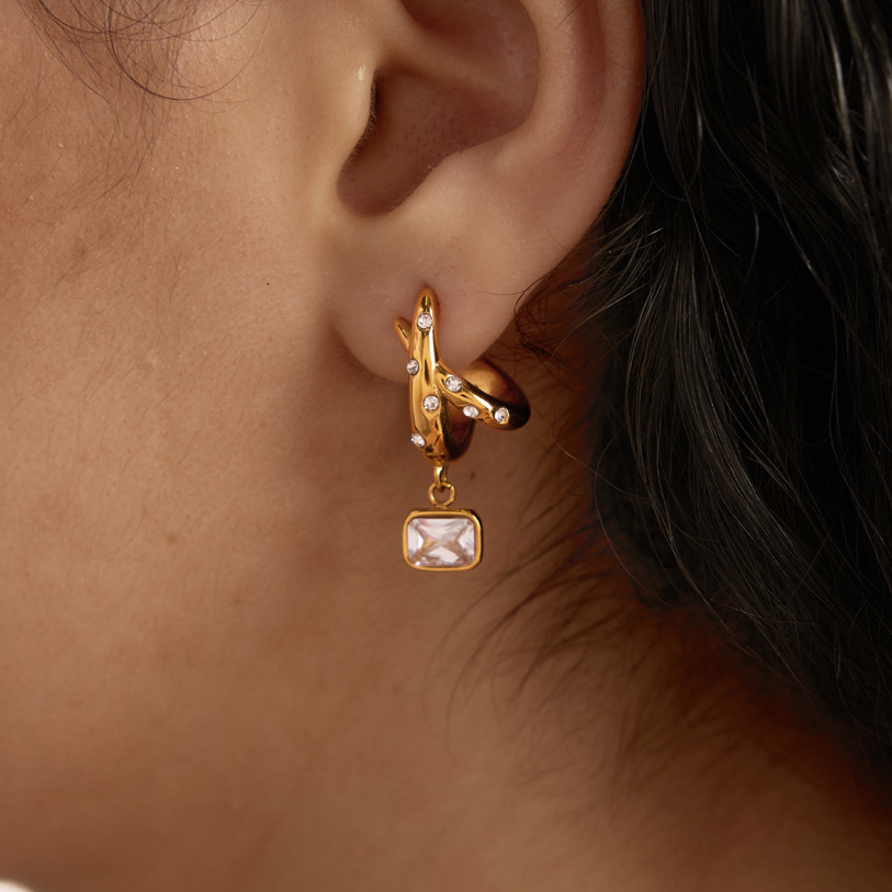 Boucles D'Oreilles Pendantes Pour Femme, Forme Géométrique, En Acier Inoxydable, Couleur Or, Étanches, Ornées De Strass Et De Zircon. Image4