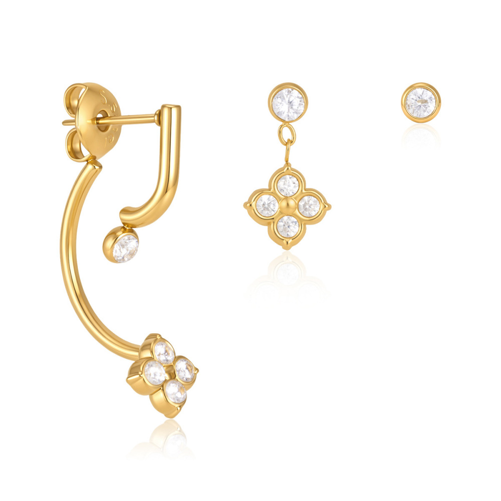 Boucles D'Oreilles Élégantes Clover En Acier Inoxydable Étanche Couleur Or Avec Zircon Pour Femmes h5Image5