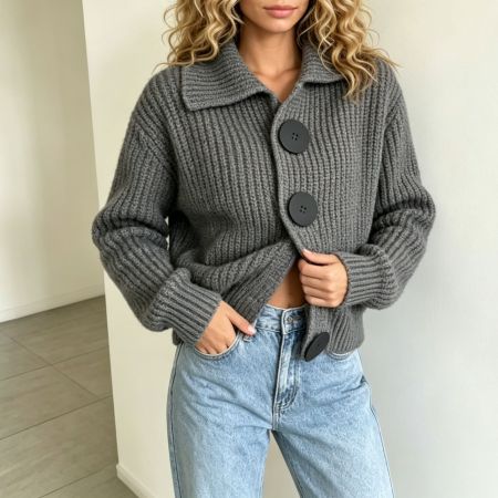 Cardigan rétro uni à boutons en maille droite