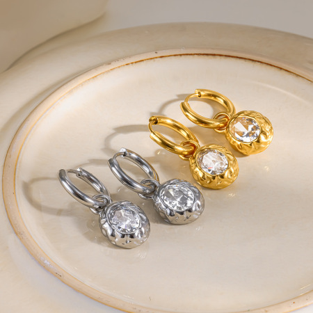Boucles D'Oreilles Puces Pour Femmes, Collection Simple Series Daily, Forme Elliptique Géométrique, Acier Inoxydable Étanche, Couleur Or, Zircon. 2