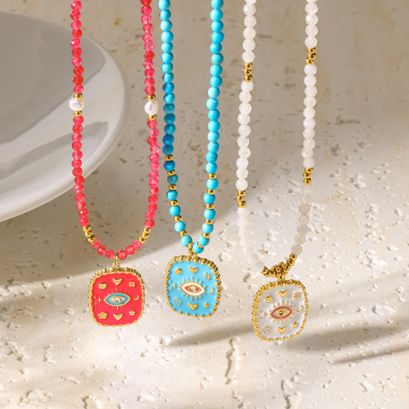 Colliers De Perles Pour Femmes, Style Bohème, Forme Géométrique Œil De Diable, En Acier Inoxydable Étanche Couleur Or