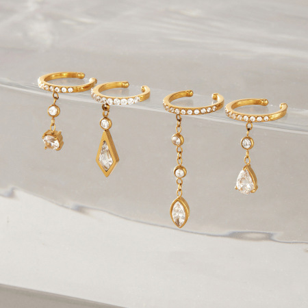 Boucles d'oreilles manchette élégantes pour femmes, en acier inoxydable imperméable, couleur or, ornées de zircon et de pompons.