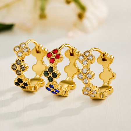 Boucles D'Oreilles Créoles Pour Femmes, Collection Romantique Sweet Flower, En Acier Inoxydable Étanche, Couleur Or, Avec Zircon. 2