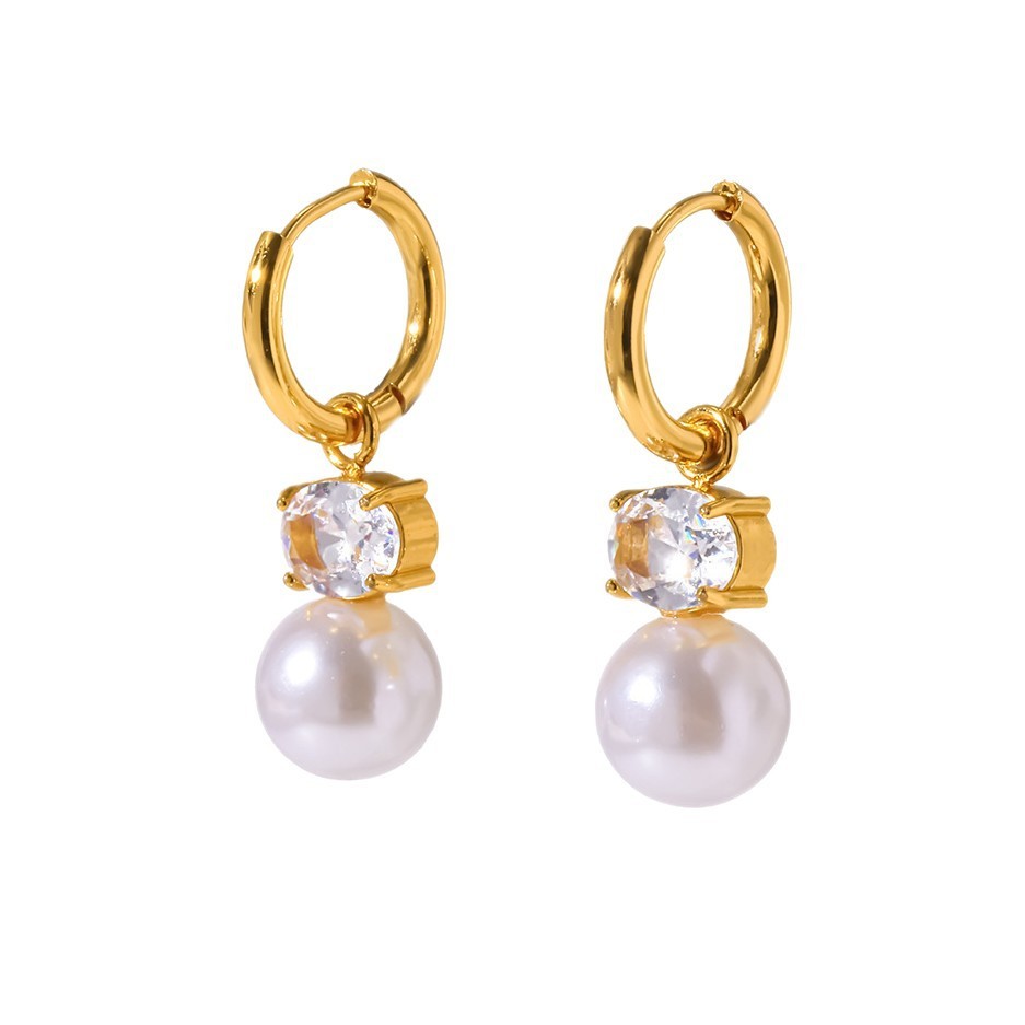 Boucles D'Oreilles Pendantes Pour Femme, Style Elliptique, En Acier Inoxydable, Couleur Or, Avec Zircon, Étanches, Collection Simple Series Daily. Image5
