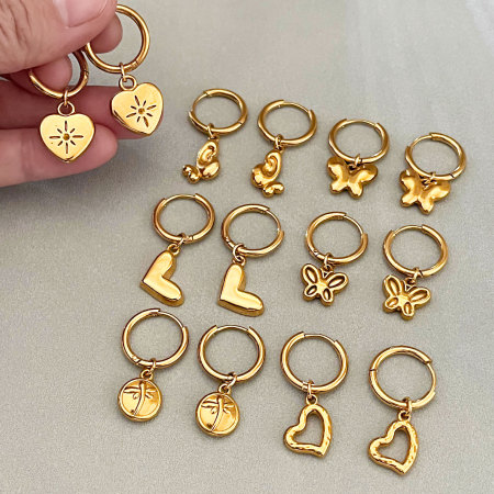 Boucles d'oreilles créoles Simple Series Daily Heart Butterfly en acier inoxydable étanche couleur or pour femmes