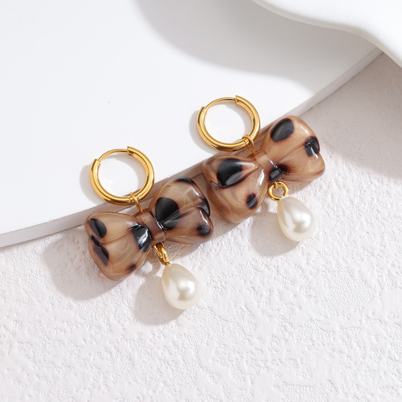 Boucles D'Oreilles Pendantes Pour Femme, Style Rétro, Nœud Papillon, Imprimé Léopard, En Acier Inoxydable, Couleur Or, Étanches, Collection Romantique 