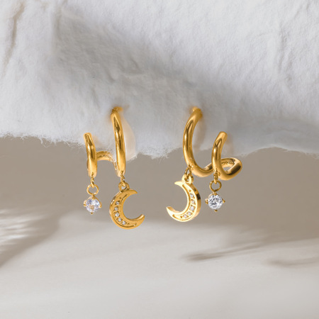 Boucles d'oreilles puces pour femmes, collection Romantic Series Daily Lines Moon, en acier inoxydable, couleur or, étanches, avec zircon.