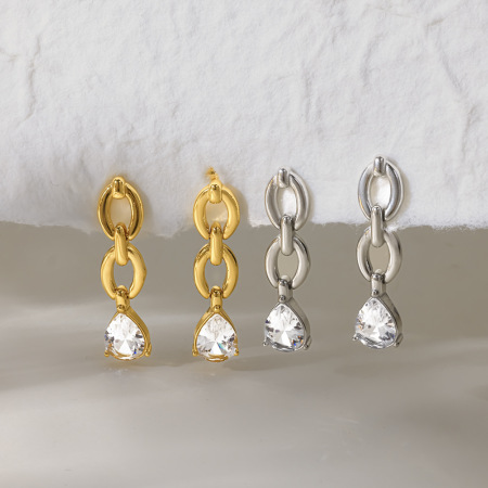 Boucles d'oreilles pendantes pour femme, en acier inoxydable, couleur or, avec zircon et chaîne en forme de goutte, série Simple.
