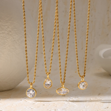 Colliers pendentifs pour femmes en acier inoxydable étanche, forme elliptique et goutte simple, couleur or, zircon