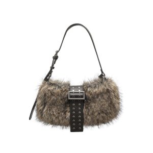 Sac Bandoulière Femme Style Streetwear, Orné De Clous Et De Rivets En Imitation Fourrure, Couleur Unie. h5