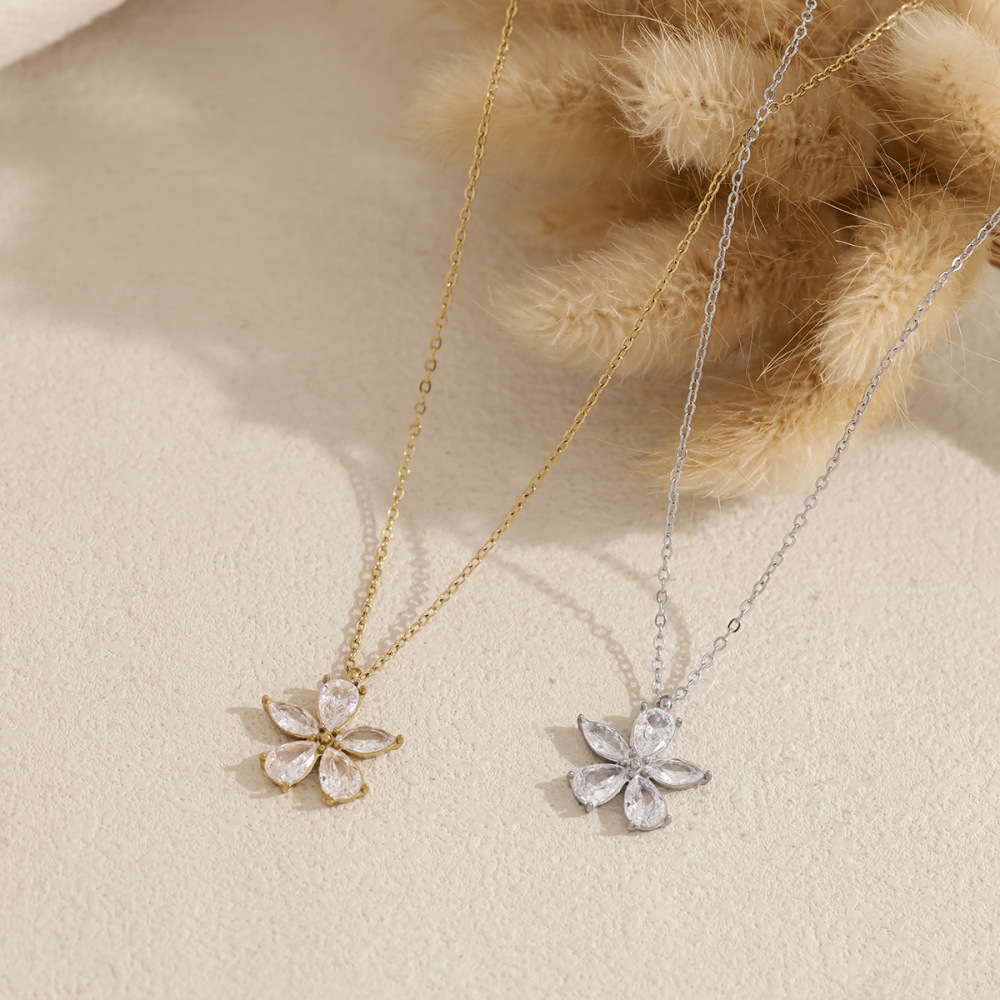 Colliers Pendentifs Pour Femmes En Acier Inoxydable, Étanches, Couleur Or, Avec Zircon Et Motif Floral Image3
