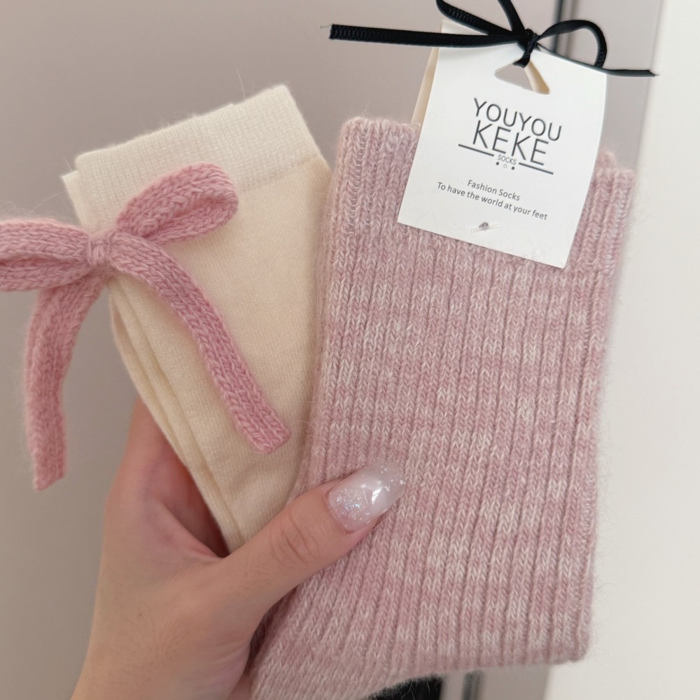 Chaussettes Mi-Mollet En Laine À Rayures Basiques Et À Carreaux Pour Femmes, Avec Motif Cœur Et Contraste De Couleurs h5Image3