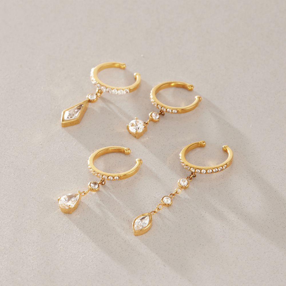 Boucles D'Oreilles Manchette Élégantes Pour Femmes, En Acier Inoxydable Imperméable, Couleur Or, Ornées De Zircon Et De Pompons. h5Image4