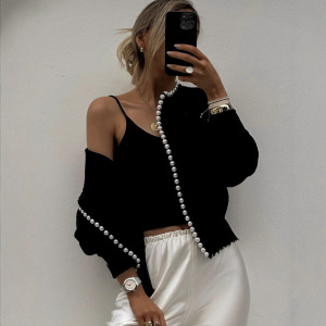 Pull Élégant Uni À Col Rond Droit Orné De Perles Et Cardigan En Maille h5 Image3