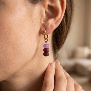 Boucles D'Oreilles Créoles Élégantes En Acier Inoxydable Doré, Ornées De Perles Et De Pierres Naturelles, Collection Simple Series. h5 Image3