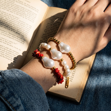 Bracelet de perles Simple Series Daily en acier inoxydable, étanche, couleur or, pour femme.