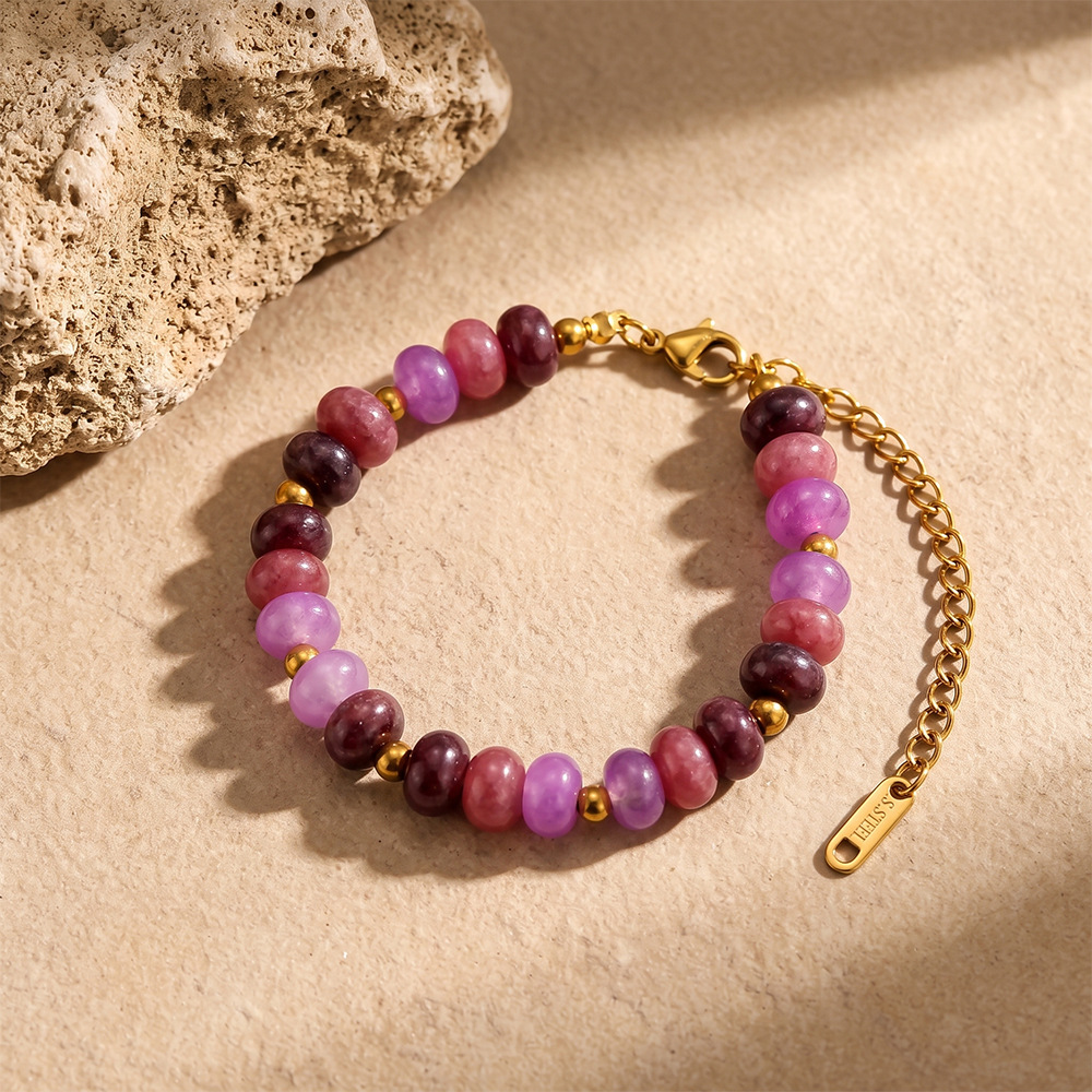 Bracelets À Perles Pour Femmes, Style Rétro, Couleur Unie, Pierres Naturelles Et Or. Image3