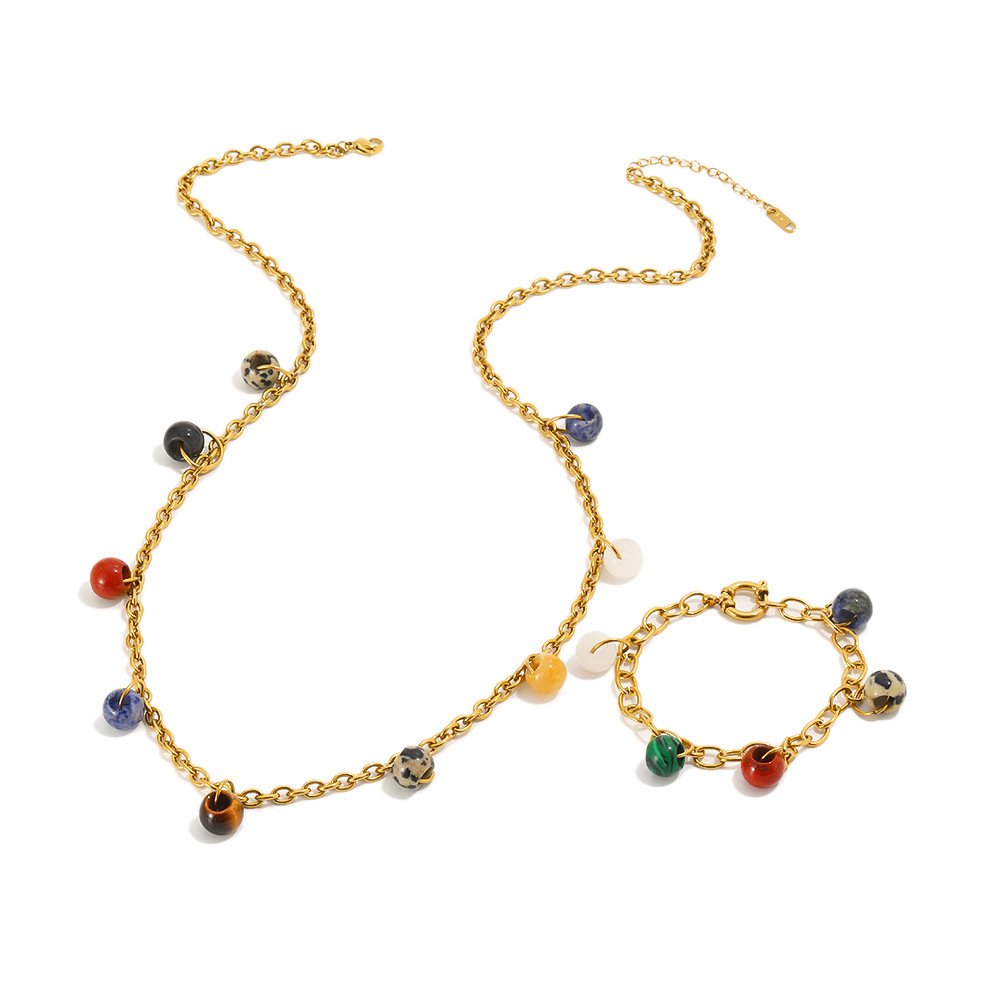 Collier Pendentif Femme Style Rétro, Chaîne Ronde, Acier Inoxydable, Couleur Or, Pierre Naturelle, Étanche Image5