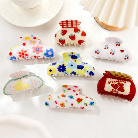 Pinces À Cheveux En Pvc À Motif Floral Mignon, Lettres, Fruits, Rayures Et Carreaux, Couleurs Mélangées, Cerise Et Fraise.