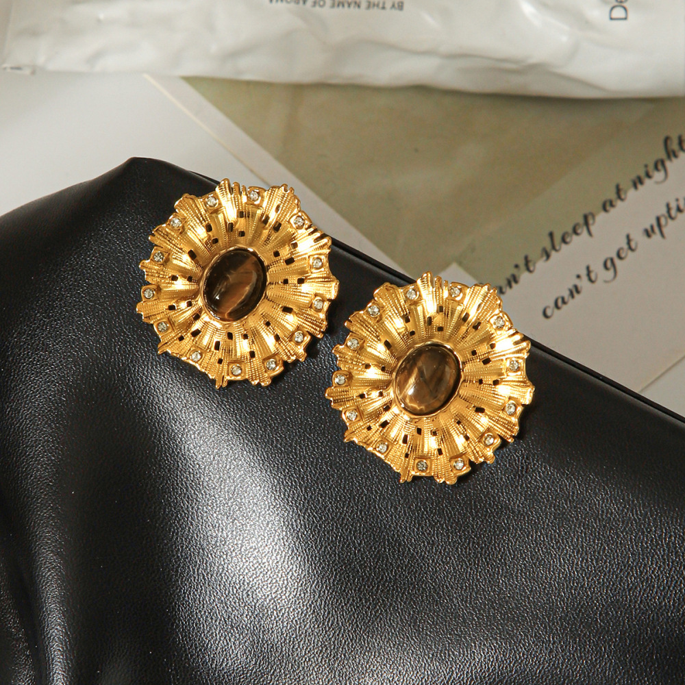 Boucles D'Oreilles Puces Pour Femmes, Forme Soleil Rétro, En Acier Inoxydable, Couleur Or, Imperméables, Avec Pierre Naturelle Et Zircon. Image3