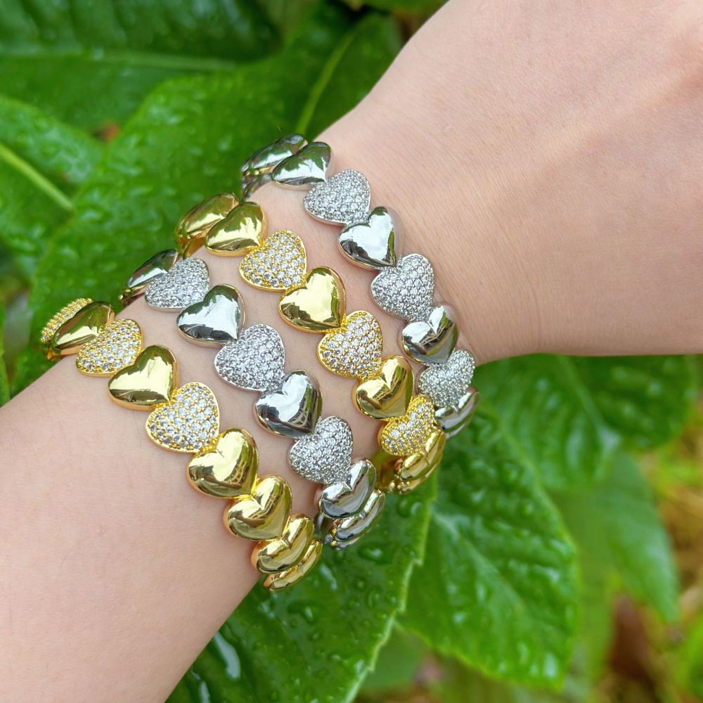 Bracelets Pour Femmes De La Série Luxueuse, Simples, En Patchwork De Cœurs, Couleur Cuivre Doré Et Zircon Image3