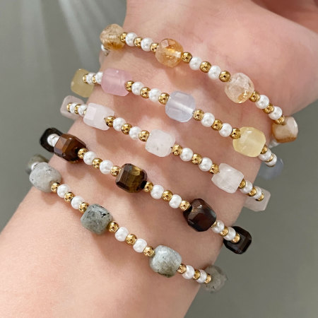 Bracelets de perles rétro simples, dégradé de couleurs, pierres naturelles, couleur or, pour femmes
