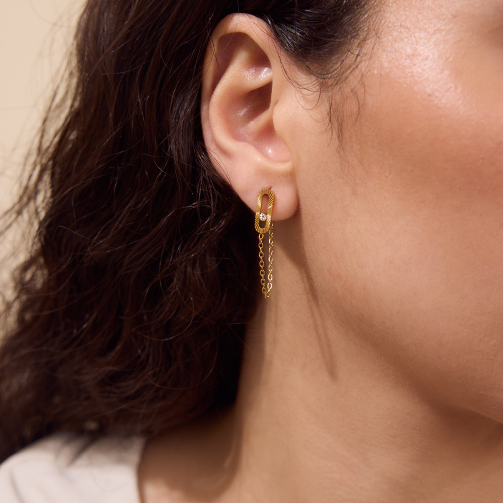 Boucles D'Oreilles Puces Pour Femmes, En Acier Inoxydable Doré, Imperméables, De Forme Géométrique Ajourée Et Ornées De Strass. h5Image3