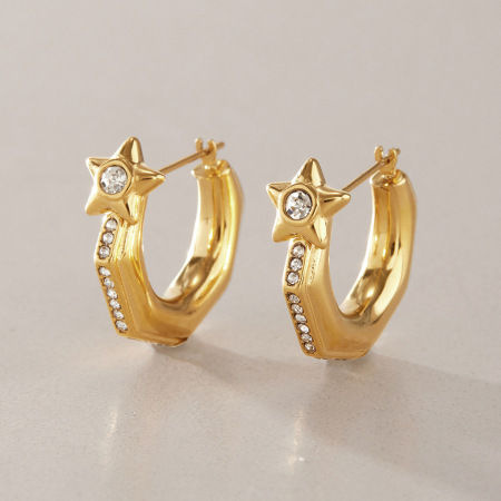 Boucles d'oreilles créoles pour femmes, forme géométrique simple en étoile, en acier inoxydable étanche, couleur or, ornées de strass.