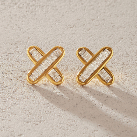 Boucles d'oreilles puces pour femmes en acier inoxydable étanche, couleur or, en forme de X, serties de zircon.