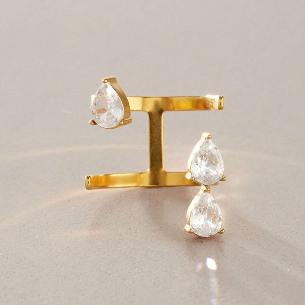 Bagues Pour Femmes En Acier Inoxydable Étanche Couleur Or, Ajourées Et Serties De Zircon, Avec Motif Goutte D'Eau. Image2