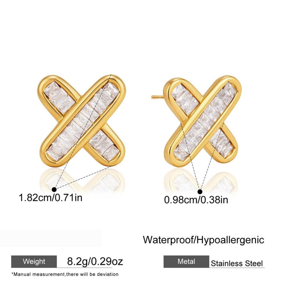 Boucles D'Oreilles Puces Pour Femmes En Acier Inoxydable Étanche, Couleur Or, En Forme De X, Serties De Zircon.