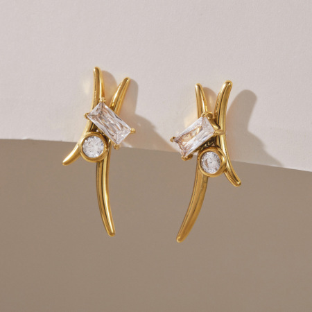 Boucles d'oreilles puces pour femmes, forme géométrique simple, en acier inoxydable, étanches, couleur or, avec zircon.