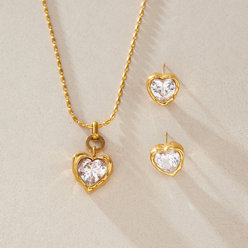 Ensembles De Colliers Pour Femmes En Acier Inoxydable, Imperméables, Couleur Or Et Zircon, Avec Motif Cœur h5Image3